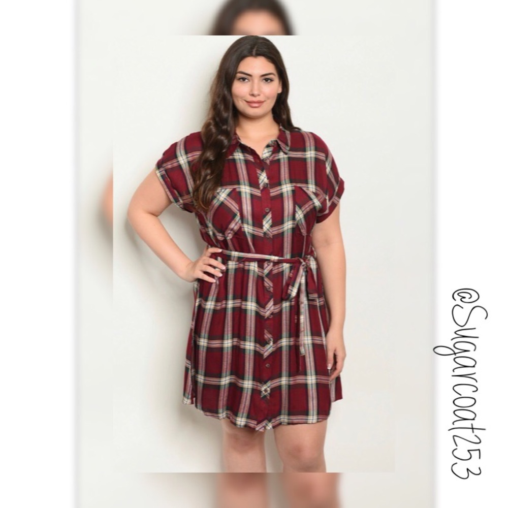 •Perch• Plus Size Burgundy Plaid Belt Tie Dress